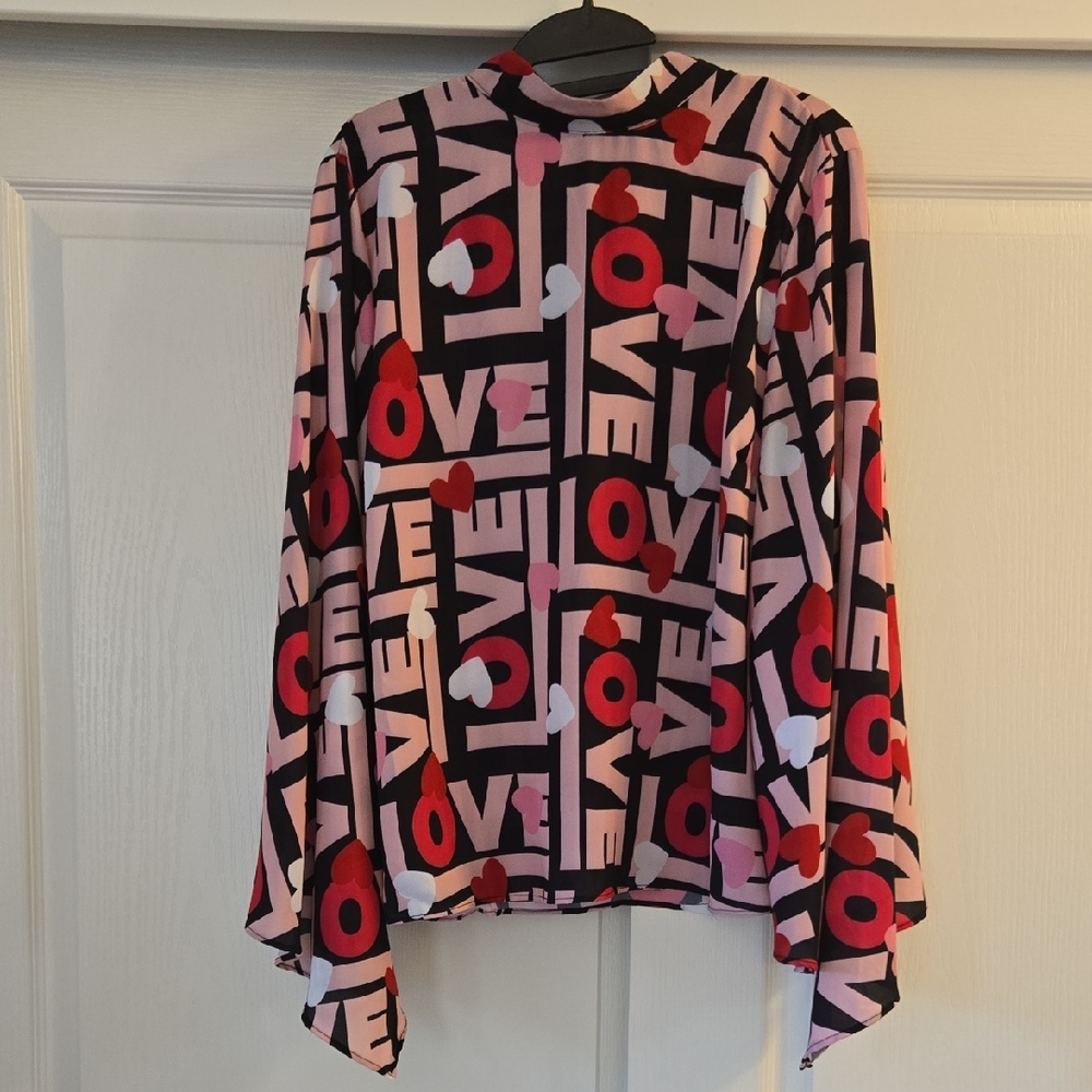 New York & Company Red Black Graphic Asymmetrical Blouse